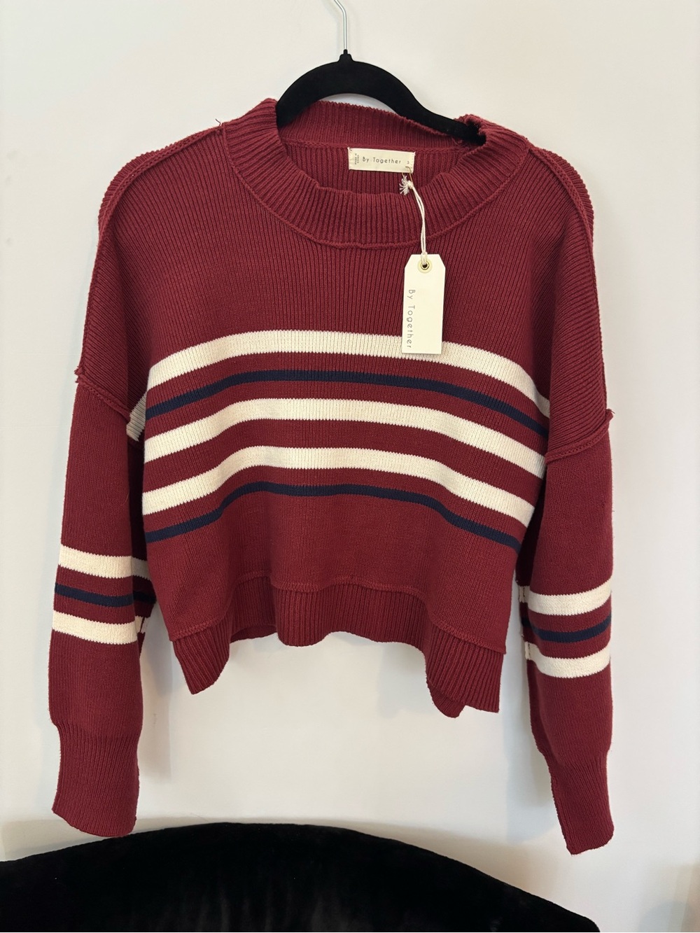 By Together Burgundy Striped Cropped Crew Sweater